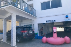 Hotel Exterior with Giant Pink Flamingo Float
